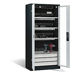 C+P Akkuladeschrank Comfort mit Sichtfenster aus Acrylglas und Schubladenblock, H 1950 x B 930 x T 500 mm, Anthrazit/Lichtgrau