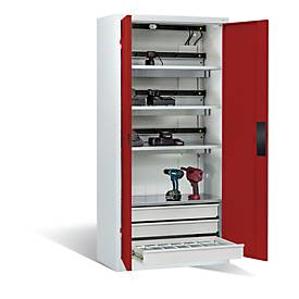 C+P Akkuladeschrank Comfort mit Vollblechtüren und Schubladenblock, H 1950 x B 930 x T 500 mm, Lichtgrau/Resedagrün