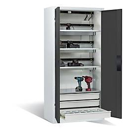 C+P Akkuladeschrank Comfort mit Vollblechtüren und Schubladenblock, H 1950 x B 930 x T 500 mm, Lichtgrau/Resedagrün