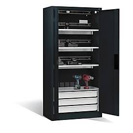 C+P Akkuladeschrank Comfort mit Vollblechtüren und Schubladenblock, H 1950 x B 930 x T 500 mm, Lichtgrau/Resedagrün