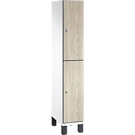 C+P Doppelstöckiger Spind Cambio, 1 Abteil, 2 Fächer, auf Füßen, B 300 x T 525 x H 1980 mm, verkehrsweiß/Sen Esche-Dekor
