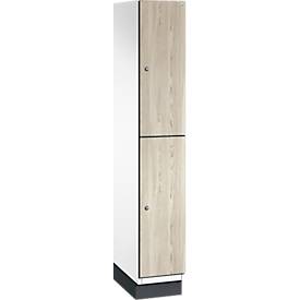 C+P Doppelstöckiger Spind Cambio, 1 Abteil, 2 Fächer, mit Sockel, B 300 x T 525 x H 1980 mm, verkehrsweiß/Sen Esche-Dekor