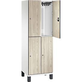 C+P Doppelstöckiger Spind Cambio, 2 Abteile, 4 Fächer, auf Füßen, B 600 x T 525 x H 1980 mm, verkehrsweiß/Sen Esche‑Dekor