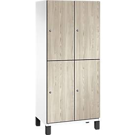 C+P Doppelstöckiger Spind Cambio, 2 Abteile, 4 Fächer, auf Füßen, B 800 x T 525 x H 1980 mm, verkehrsweiß/Sen Esche‑Dekor