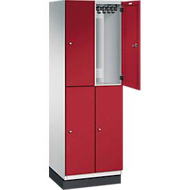 C+P Doppelstöckiger Spind Cambio, 2 Abteile, 4 Fächer, mit Sockel, B 600 x T 525 x H 1980 mm, lichtgrau/rubinrot