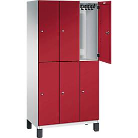 C+P Doppelstöckiger Spind Cambio, 3 Abteile, 6 Fächer, auf Füßen, B 900 x T 525 x H 1980 mm, lichtgrau/rubinrot