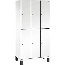 C+P Doppelstöckiger Spind Cambio, 3 Abteile, 6 Fächer, auf Füßen, B 900 x T 525 x H 1980 mm, verkehrsweiß/weiß