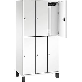 C+P Doppelstöckiger Spind Cambio, 3 Abteile, 6 Fächer, auf Füßen, B 900 x T 525 x H 1980 mm, verkehrsweiß/weiß