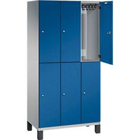 C+P Doppelstöckiger Spind Cambio, 3 Abteile, 6 Fächer, auf Füßen, B 900 x T 525 x H 1980 mm, weißaluminium/enzianblau