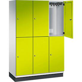C+P Doppelstöckiger Spind Cambio, 3 Abteile, 6 Fächer, mit Sockel, B 1200 x T 525 x H 1980 mm, lichtgrau/clowngrün