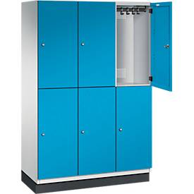 C+P Doppelstöckiger Spind Cambio, 3 Abteile, 6 Fächer, mit Sockel, B 1200 x T 525 x H 1980 mm, lichtgrau/lichtblau