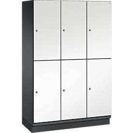 C+P Doppelstöckiger Spind Cambio, 3 Abteile, 6 Fächer, mit Sockel, B 1200 x T 525 x H 1980 mm, schwarzgrau/weiß