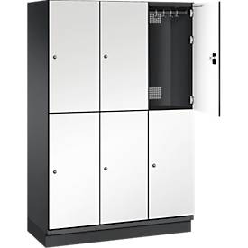 C+P Doppelstöckiger Spind Cambio, 3 Abteile, 6 Fächer, mit Sockel, B 1200 x T 525 x H 1980 mm, schwarzgrau/weiß