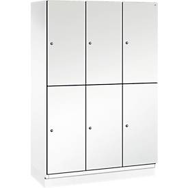C+P Doppelstöckiger Spind Cambio, 3 Abteile, 6 Fächer, mit Sockel, B 1200 x T 525 x H 1980 mm, verkehrsweiß/weiß