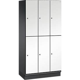 C+P Doppelstöckiger Spind Cambio, 3 Abteile, 6 Fächer, mit Sockel, B 900 x T 525 x H 1980 mm, schwarzgrau/weiß