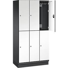 C+P Doppelstöckiger Spind Cambio, 3 Abteile, 6 Fächer, mit Sockel, B 900 x T 525 x H 1980 mm, schwarzgrau/weiß