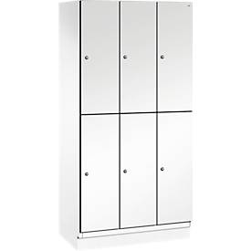 C+P Doppelstöckiger Spind Cambio, 3 Abteile, 6 Fächer, mit Sockel, B 900 x T 525 x H 1980 mm, verkehrsweiß/weiß