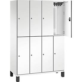 C+P Doppelstöckiger Spind Cambio, 4 Abteile, 8 Fächer, auf Füßen, B 1200 x T 525 x H 1980 mm, verkehrsweiß/weiß