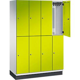 C+P Doppelstöckiger Spind Cambio, 4 Abteile, 8 Fächer, mit Sockel, B 1200 x T 525 x H 1980 mm, lichtgrau/clowngrün