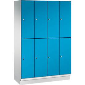 C+P Doppelstöckiger Spind Cambio, 4 Abteile, 8 Fächer, mit Sockel, B 1200 x T 525 x H 1980 mm, lichtgrau/lichtblau