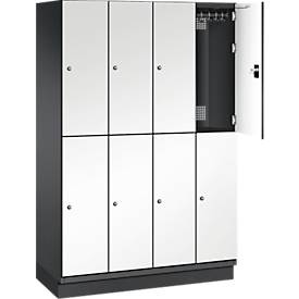 C+P Doppelstöckiger Spind Cambio, 4 Abteile, 8 Fächer, mit Sockel, B 1200 x T 525 x H 1980 mm, schwarzgrau/weiß