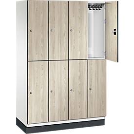 C+P Doppelstöckiger Spind Cambio, 4 Abteile, 8 Fächer, mit Sockel, B 1200 x T 525 x H 1980 mm, verkehrsweiß/Sen Esche-Dekor
