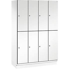 C+P Doppelstöckiger Spind Cambio, 4 Abteile, 8 Fächer, mit Sockel, B 1200 x T 525 x H 1980 mm, verkehrsweiß/weiß