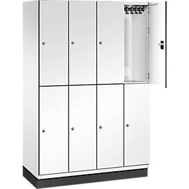 C+P Doppelstöckiger Spind Cambio, 4 Abteile, 8 Fächer, mit Sockel, B 1200 x T 525 x H 1980 mm, verkehrsweiß/weiß