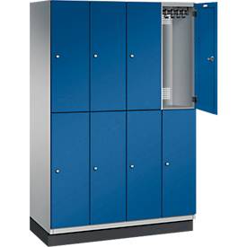 C+P Doppelstöckiger Spind Cambio, 4 Abteile, 8 Fächer, mit Sockel, B 1200 x T 525 x H 1980 mm, weißaluminium/enzianblau