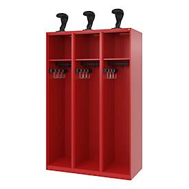 C+P Feuerwehrspind Evolo, Modell EXPERT, 3 Abteile, B 1200 x T 500 x H 1850 mm, Bodengleiter, Helmhalter, feuerrot RAL 3000