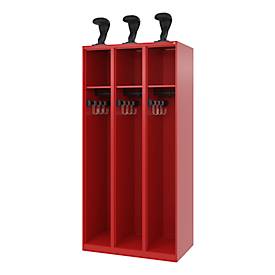 C+P Feuerwehrspind Evolo, Modell EXPERT, 3 Abteile, B 900 x T 500 x H 1850 mm, Bodengleiter, Helmhalter, feuerrot RAL 3000