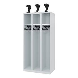 C+P Feuerwehrspind Evolo, Modell EXPERT, 3 Abteile, B 900 x T 500 x H 1850 mm, Bodengleiter, Helmhalter, lichtgrau RAL 7035