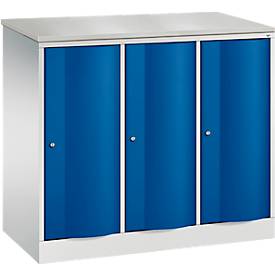 C+P Garderobenschrank Resisto, 3 Abteile, 3 Fächer, B 1148 x T 540 x H 1077 mm, Lichtgrau/Enzianblau