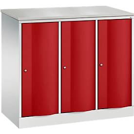 C+P Garderobenschrank Resisto, 3 Abteile, 3 Fächer, B 1148 x T 540 x H 1077 mm, Lichtgrau/Rubinrot