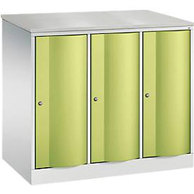 C+P Garderobenschrank Resisto, 3 Abteile, 3 Fächer, B 1148 x T 640 x H 1077 mm, Lichtgrau/Clowngrün