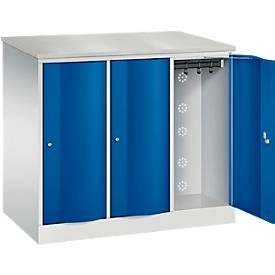 C+P Garderobenschrank Resisto, 3 Abteile, 3 Fächer, B 1148 x T 640 x H 1077 mm, Lichtgrau/Enzianblau