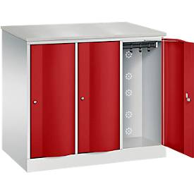 C+P Garderobenschrank Resisto, 3 Abteile, 3 Fächer, B 1148 x T 640 x H 1077 mm, Lichtgrau/Rubinrot
