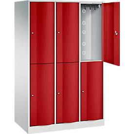 C+P Garderobenspind Resisto, 3 Abteile, 6 Fächer, B 1148 x T 640 x H 1950 mm, Lichtgrau/Rubinrot