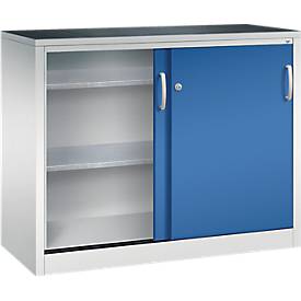 C + P gereedschapskast met schuifdeuren Acurado, B 1200 x D 500 x H 1000 mm, draagvermogen per legplank 110 kg, staal, lichtgrijs/geniaanblauw