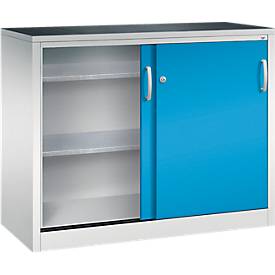 C + P gereedschapskast met schuifdeuren Acurado, B 1200 x D 500 x H 1000 mm, draagvermogen per legplank 110 kg, staal, lichtgrijs/lichtblauw
