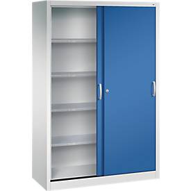 C + P gereedschapskast met schuifdeuren Acurado, B 1200 x D 500 x H 1950 mm, draagvermogen per legbord 110 kg, staal, lichtgrijs/geniaanblauw