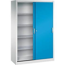 C + P gereedschapskast met schuifdeuren Acurado, B 1200 x D 500 x H 1950 mm, draagvermogen per legbord 110 kg, staal, lichtgrijs/lichtblauw