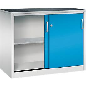 C + P gereedschapskast met schuifdeuren Acurado, B 1200 x D 600 x H 1000 mm, draagvermogen per legbord 70 kg, staal, lichtgrijs/lichtblauw