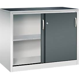 C + P gereedschapskast met schuifdeuren Acurado, B 1200 x D 600 x H 1000 mm, draagvermogen per legplank 70 kg, staal, lichtgrijs/antracietgrijs