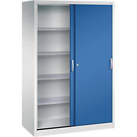 C + P gereedschapskast met schuifdeuren Acurado, B 1200 x D 600 x H 1950 mm, draagvermogen per legplank 70 kg, staal, lichtgrijs/geniaanblauw