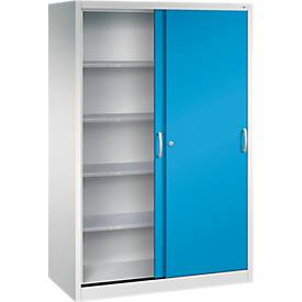 C + P gereedschapskast met schuifdeuren Acurado, B 1200 x D 600 x H 1950 mm, draagvermogen per legplank 70 kg, staal, lichtgrijs/lichtblauw