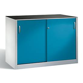 C + P gereedschapskast met schuifdeuren Acurado, B 1600 x D 500 x H 1000 mm, draagvermogen per legplank 110 kg, staal, lichtgrijs/lichtblauw