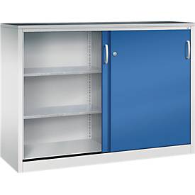 C + P gereedschapskast met schuifdeuren Acurado, B 1600 x D 500 x H 1200 mm, draagvermogen per legbord 110 kg, staal, lichtgrijs/geniaanblauw