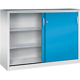 C + P gereedschapskast met schuifdeuren Acurado, B 1600 x D 500 x H 1200 mm, draagvermogen per legplank 110 kg, staal, lichtgrijs/lichtblauw