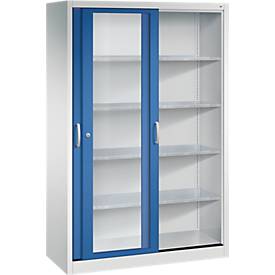 C + P gereedschapskast met schuifdeuren Acurado, met kijkvenster, B 1200 x D 500 x H 1950 mm, lichtgrijs/geniaanblauw